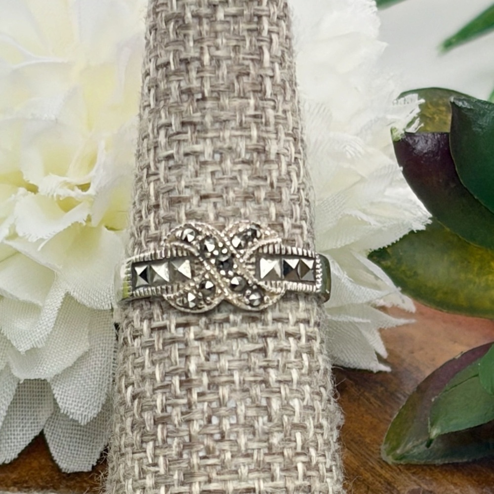 Vintage Sterling Silver 925 Marcasite Ring Size 5 1/2 5.5 Bow Knot Art Deco - Picture 7 of 11